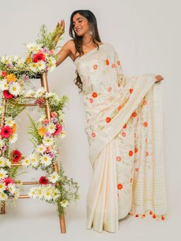 Teejh - Yamira Off White Pure Silk Linen Saree with Unstitched Blouse