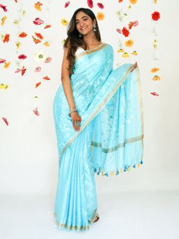 Teejh - Khula Aasmaan Blue Kota Floral Saree with Unstitched Blouse