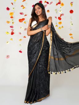 Teejh - Vahini Black Kota Floral Saree with Unstitched Blouse
