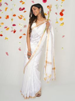 Teejh - Paroo White Kota Floral Saree with Unstitched Blouse