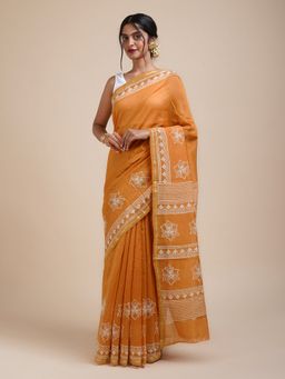 Teejh - Sunkissed Mustard Block Print Chanderi Silk Saree with Unstitched Blouse