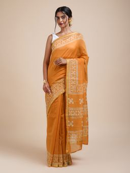 Teejh - Sunehri Sham Mustard Block Print Chanderi Silk Saree with Unstitched Blouse