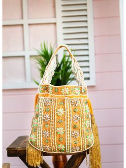 NR by Nidhi Rathi - Women Gold-Toned & Green Embroidered Tasselled Potli Clutch