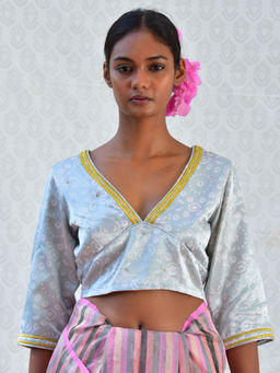 Chidiyaa - Bougainvillea Baby Blue Handblock Printed Mashru Silk Blouse