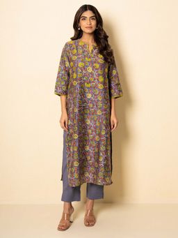 Kameez - Ash Garden Chanderi Grey Floral Block Print Kurta with Pant