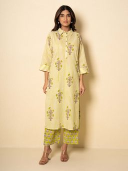 Kameez - Green Garden Cotton Floral Block Print Kurta with Pant