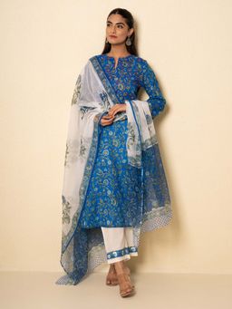 Kameez - French Blue Cotton Floral Block Print Kurta with Pant and Dupatta