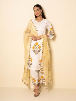 Kameez - Summer White Cotton Yellow Block Print Kurta Inner with Pant and Dupatta