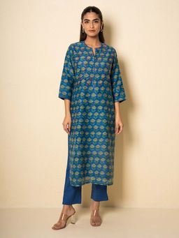 Kameez - Deep Azure Chanderi Blue Floral Block Print Kurta with Pant