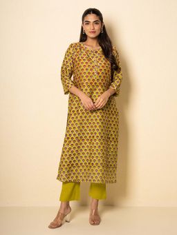 Kameez - Floral Lime Chanderi Yellow Floral Block Print Kurta with Pant