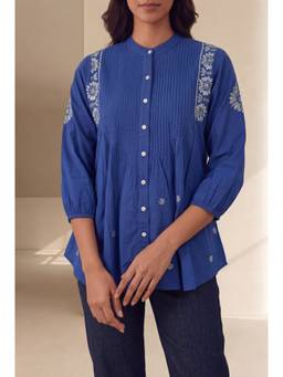 House of Chikankari - Cotton Chikankari Royal Blue Women's Top