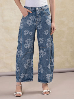 Free People - Good Luck Printed Barrel Jeans - Blue