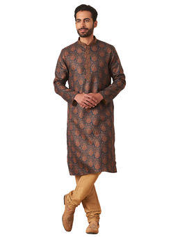 Manyavar - Blue Blended Viscose Printed Kurta with Churidar (Set of 2)