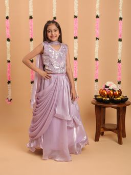 Tiny Kingdom - Girls Satin Tissue Floral Embroidered Choli and Lehenga with Dupatta