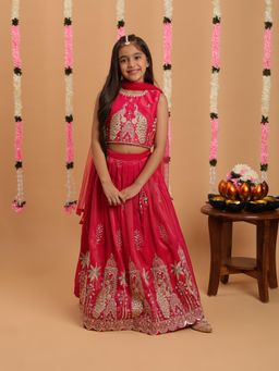 Tiny Kingdom - Girls Georgette Woven Peacock Embroidered Choli and Lehenga with Dupatta