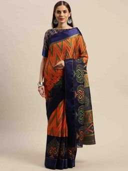 Rajnandini - Orange and Royal Blue Kota Silk Jamdani Printed Traditional Saree with Unstitched Blouse