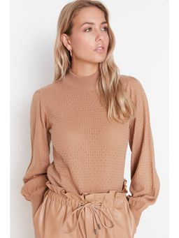 Trendyol - Camel Comfortable Fit Solid-plain Turtle Neck Top