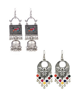Yellow Chimes - Oxidized Silver 2 Pairs Chandbali Traditional Jhumka Earrings