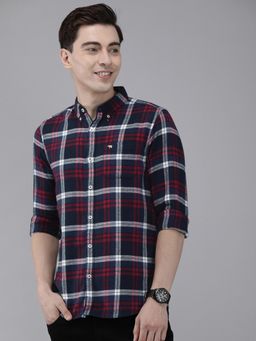 The Bear House - Men's Blue Checked Flannel Long Sleeves Slim Fit Shirt