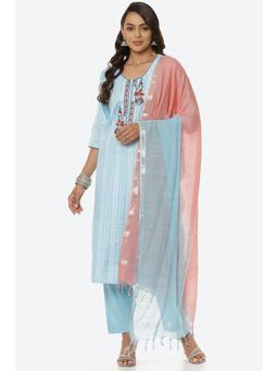 Biba - Turquoise Cotton Printed & Embroidered Unstitched Suit (Set of 3)