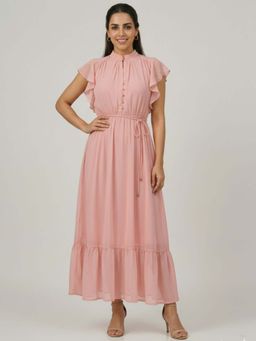 IS.U - Peach Keyhole Neck Cap Sleeves Maxi Dress