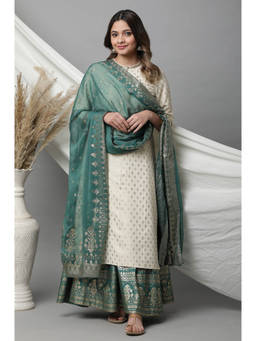 Aurelia - Women's Green Floral Foil Printed Rectangular Dupatta