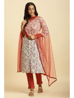 W - Red Solid Glitter Tape Border Sequined Mesh Dupatta