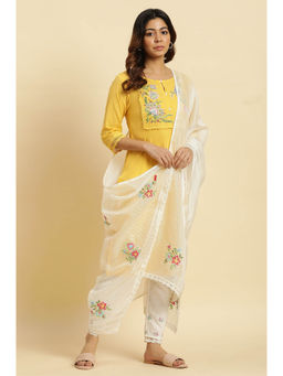 W - Floral Embroidered Lace Trim Kota White Dupatta