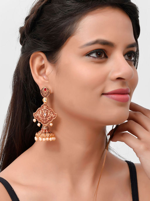 Shoshaa Maroon Gold-Plated Kundan Jhumki Earrings