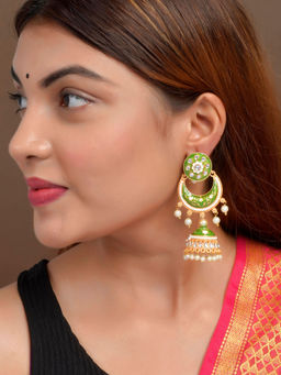 Shoshaa - Gold-Plated Green Enamelled Kundan & Beaded Jhumka Earrings