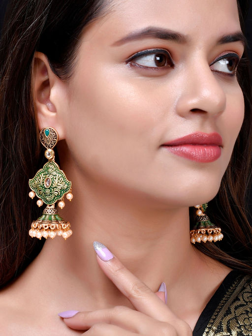 Shoshaa Gold-Plated Kundan Green Jhumkas