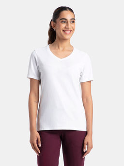 Jockey - 1359 Women Super Combed Cotton Elastane Solid V Neck T-Shirt - White