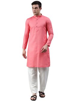 Manthan - Pink Striped Blended Cotton Knee Length Kurta