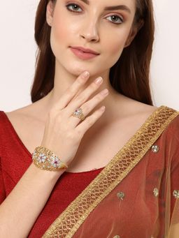 ZENEME - Pink & White Gold Plated AD Studded Celebrity Inspired Kada with Ring