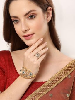 ZENEME - Green & White Gold Plated AD Studded Celebrity Inspired Kada with Ring