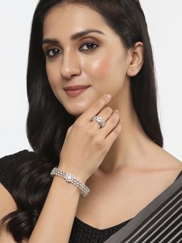 ZENEME - Silver Plated Toned Ad Studded Bangle Style Kada Bracelet with Ring