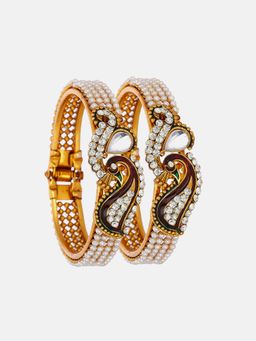 ZENEME - Gold-Plated Pearls Beaded Alloy Antique Peacock Bangle Kada