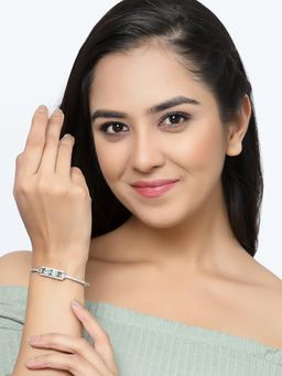 ZENEME - Lime Green Rhodium Plated Silver American Diamond Kada Bracelet