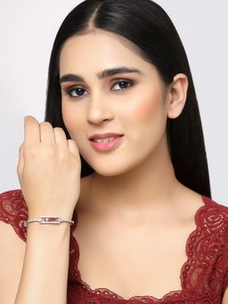 ZENEME - Red Rhodium Plated Silver American Diamond Kada Bracelet