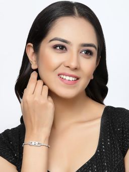 ZENEME - White Rhodium Plated Silver American Diamond Kada Bracelet