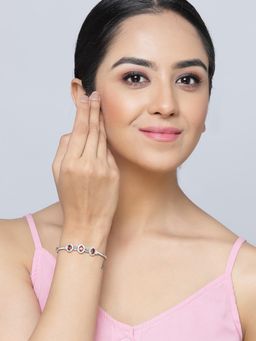 ZENEME - Red Rhodium-Plated Silver Toned American Diamond Oval Kada Style Bracelet