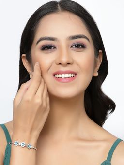 ZENEME - Blue Rhodium-Plated Silver Toned American Diamond Oval Kada Style Bracelet