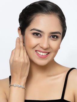 ZENEME - Peach Rhodium-Plated Silver Toned American Diamond Oval Kada Style Bracelet