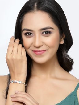 ZENEME - Pink & Green Rhodium-Plated Silver Toned American Diamond Oval Kada Style Bracelet