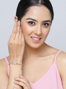 ZENEME - Pink Rhodium-Plated Silver Toned Crystal Studded Sleek Minimal Bracelet