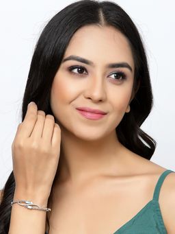 ZENEME - Green Rhodium-Plated Silver Toned Crystal Studded Sleek Minimal Bracelet