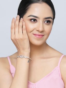 ZENEME - Pink Silver Toned Rhodium-Plated American Diamond Openable Kada Bracelet