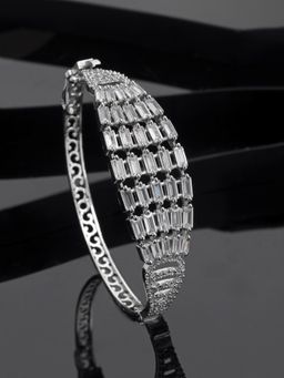 ZENEME - Silver Rhodium Plated Toned American Diamond Crystal Kada Bracelet