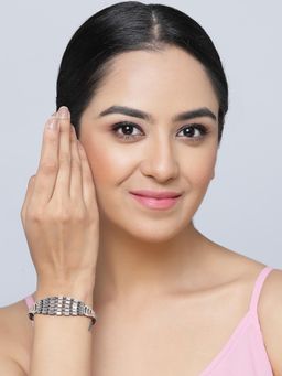 ZENEME - Rose Gold Plated Gunmetal Toned American Diamond Crystal Kada Bracelet