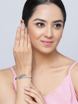 ZENEME - White Rose Gold Plated Gunmetal Toned American Diamond Crystal Kada Bracelet